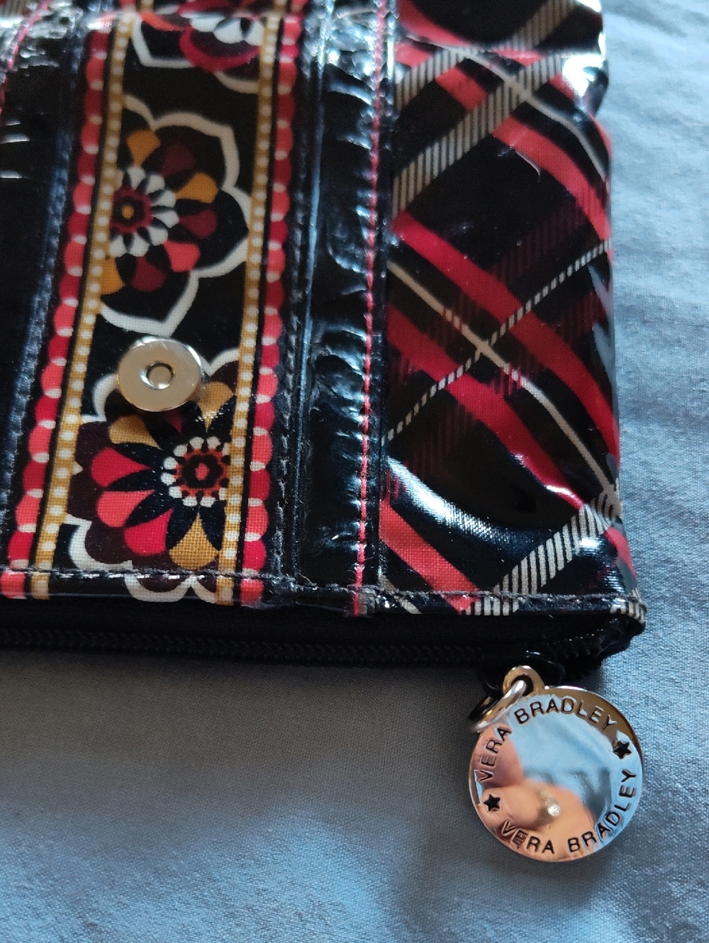 Vera Bradley Black, Red & Yellow Floral- And Plaid Snap Bi-fold Wallet Plastic